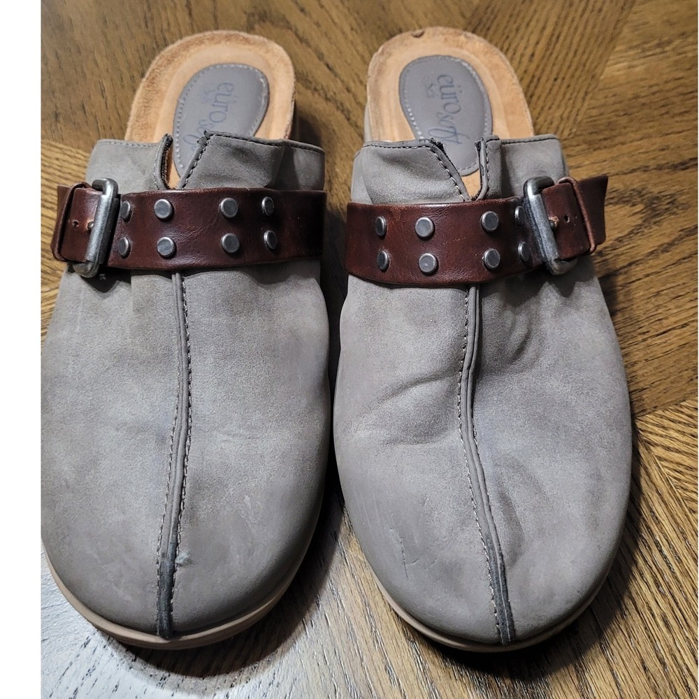 EuroSoft by Sofft Loretta Grey Brown Studded Buckle Mules Clogs Womens 8.5 M